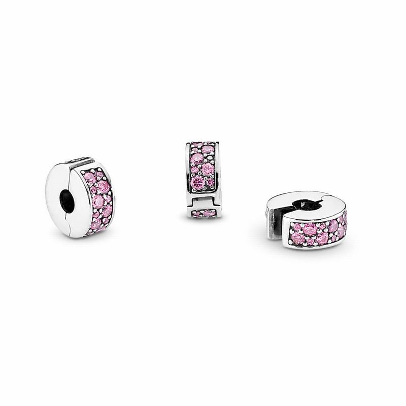 Pandora Shining Elegance Clip Charm Ireland - Sterling Silver/Silicone/Pink/Cubic Zirconia - 702149B